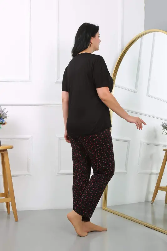 Women's Plus Size Short Sleeve Cotton Pajama Set Black 202406 - 6