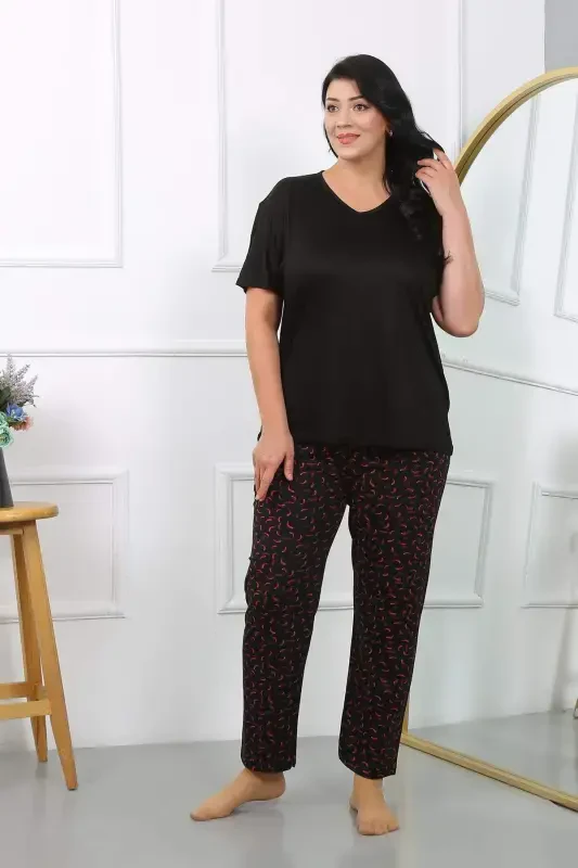 Women's Plus Size Short Sleeve Cotton Pajama Set Black 202406 - BÜYÜKBEDENIZ