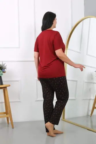 Women's Plus Size Short Sleeve Cotton Pajama Set Burgundy 202406 - 1
