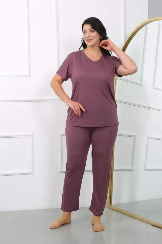 Women's Plus Size Short Sleeve Cotton Pajama Set Maroon 202405 - 2