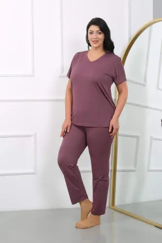Women's Plus Size Short Sleeve Cotton Pajama Set Maroon 202405 - 3