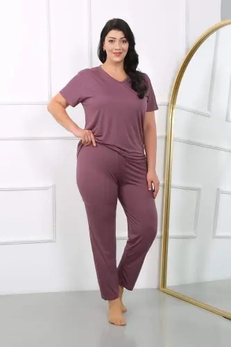 Women's Plus Size Short Sleeve Cotton Pajama Set Maroon 202405 - 4