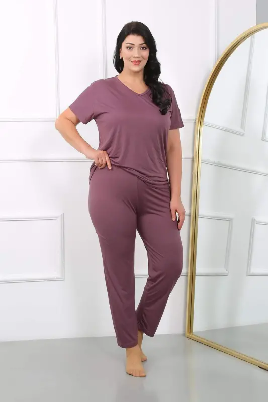 Women's Plus Size Short Sleeve Cotton Pajama Set Maroon 202405 - 4