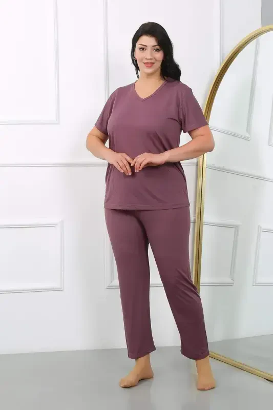 Women's Plus Size Short Sleeve Cotton Pajama Set Maroon 202405 - BÜYÜKBEDENIZ