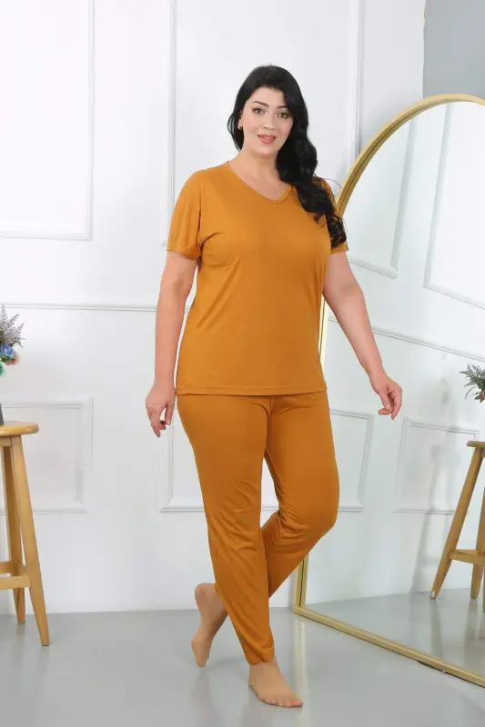 Women's Plus Size Short Sleeve Cotton Pajama Set Mustard 202405 - 1
