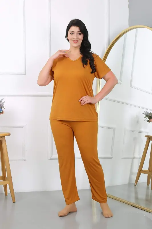 Women's Plus Size Short Sleeve Cotton Pajama Set Mustard 202405 - 2