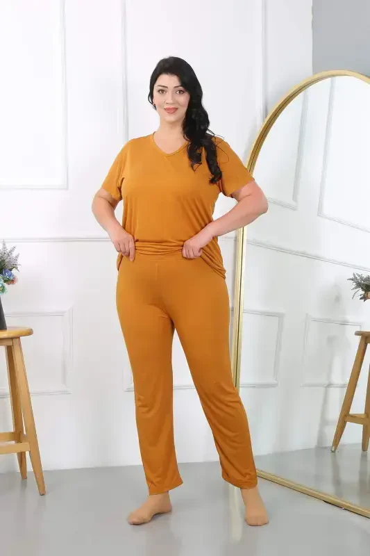 Women's Plus Size Short Sleeve Cotton Pajama Set Mustard 202405 - 3