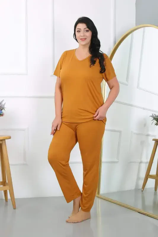 Women's Plus Size Short Sleeve Cotton Pajama Set Mustard 202405 - 5