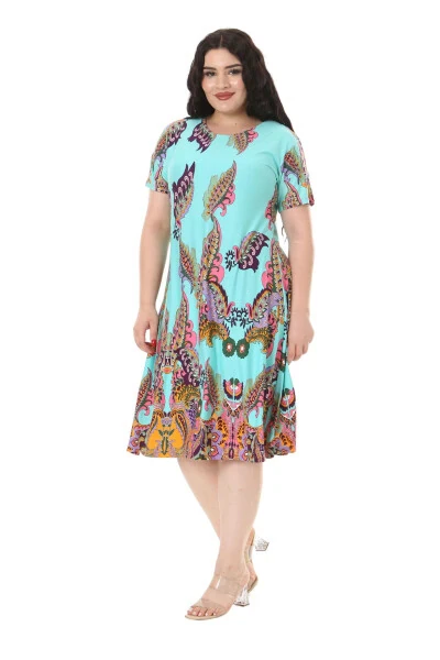 Women's Plus Size Short Sleeve Turquoise Scarf Print Midi Dress - MELSAY