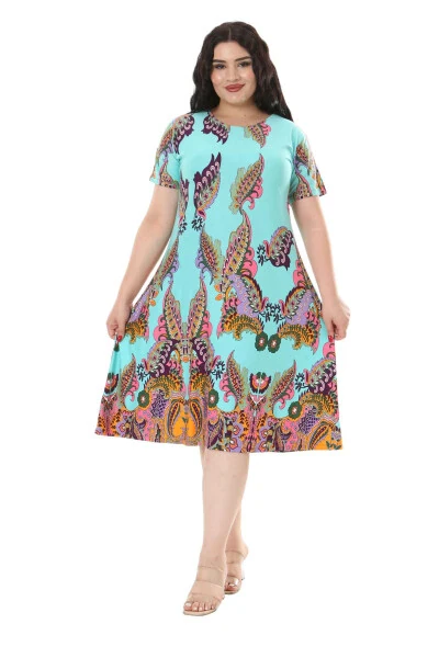 Women's Plus Size Short Sleeve Turquoise Scarf Print Midi Dress - MELSAY (1)