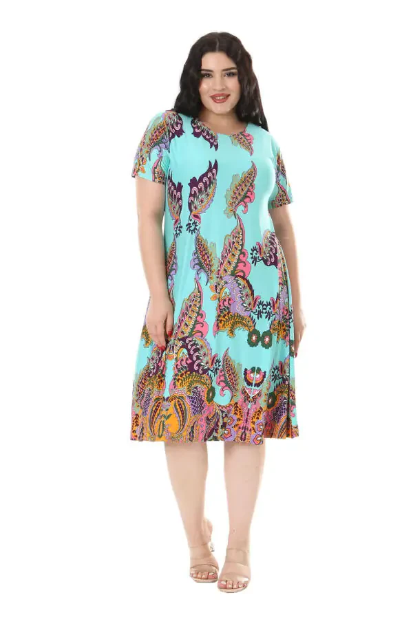 Women's Plus Size Short Sleeve Turquoise Scarf Print Midi Dress - 3