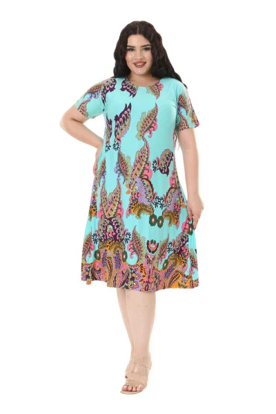 Women's Plus Size Short Sleeve Turquoise Scarf Print Midi Dress - 5