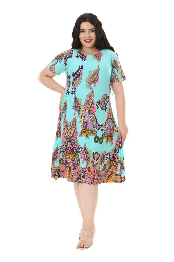 Women's Plus Size Short Sleeve Turquoise Scarf Print Midi Dress - 5