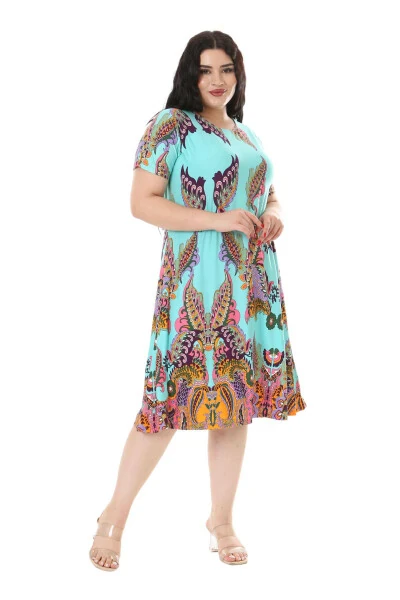 Women's Plus Size Short Sleeve Turquoise Scarf Print Midi Dress - 6