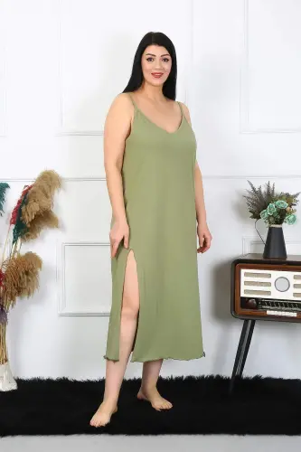 Women's Plus Size Spaghetti Strap Cotton Khaki Long Nightgown 12100 - 1