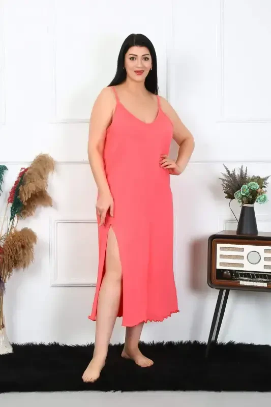 Women's Plus Size Spaghetti Strap Cotton Salmon Long Nightgown 12100 - 1