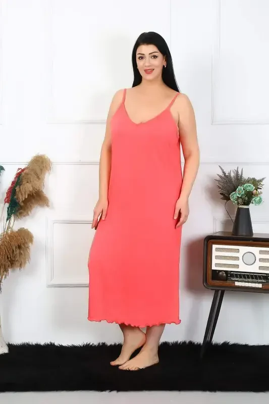 Women's Plus Size Spaghetti Strap Cotton Salmon Long Nightgown 12100 - 2