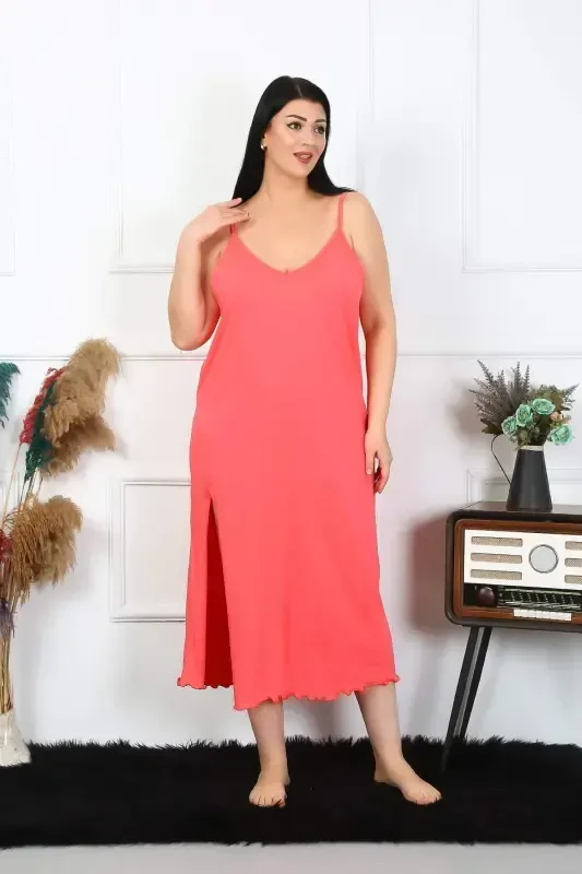 Women's Plus Size Spaghetti Strap Cotton Salmon Long Nightgown 12100 - 4
