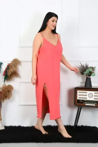 Women's Plus Size Spaghetti Strap Cotton Salmon Long Nightgown 12100 - 5