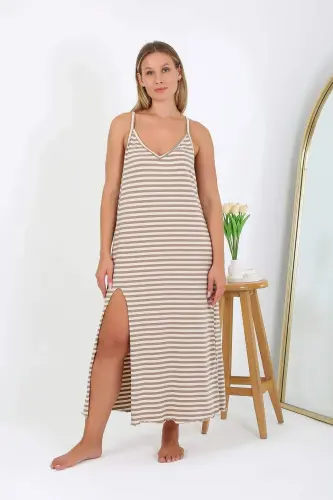 Women's Plus Size Spaghetti Strap Long Nightgown 12109 Milk Coffee - 1