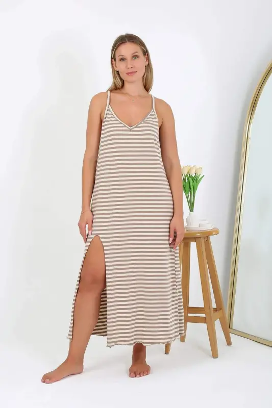 Women's Plus Size Spaghetti Strap Long Nightgown 12109 Milk Coffee - BÜYÜKBEDENIZ