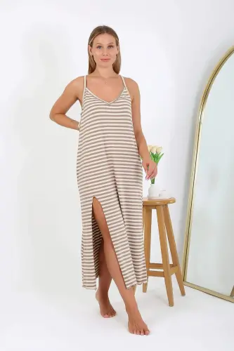 Women's Plus Size Spaghetti Strap Long Nightgown 12109 Milk Coffee - 5