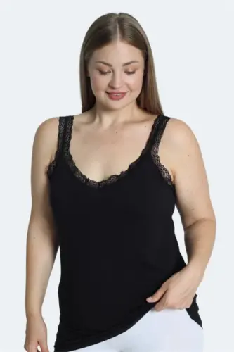 Women's Plus Size Tank Top Black Cotton Lace Neckline Thick Strap Flexible Comfortable - 1