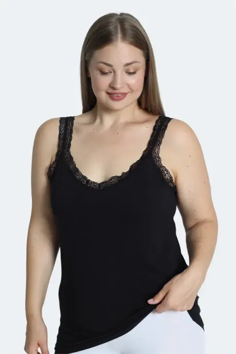 Women's Plus Size Tank Top Black Cotton Lace Neckline Thick Strap Flexible Comfortable - 1