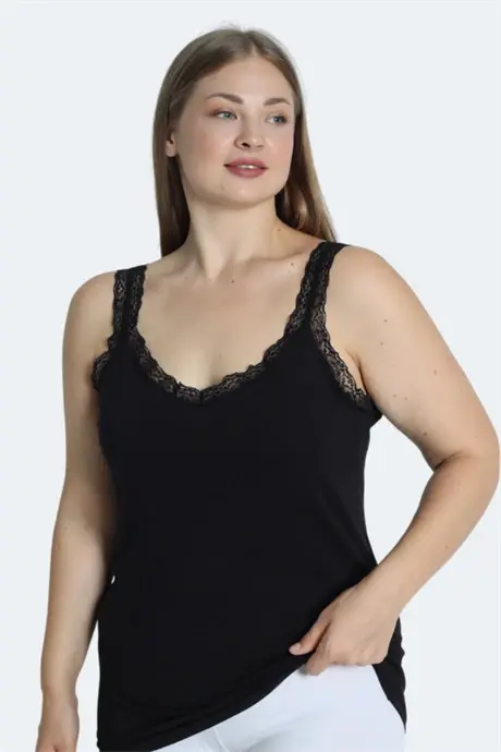 Women's Plus Size Tank Top Black Cotton Lace Neckline Thick Strap Flexible Comfortable - 3