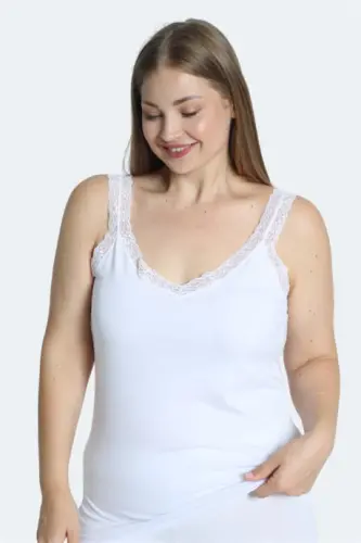 Women's Plus Size Tank Top White Cotton Lace Detail Thick Strap Flexible Comfortable - 1