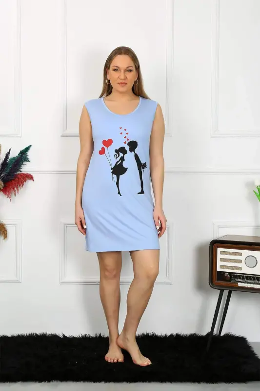Women's Plus Size Thick Strap Cotton Knee-Length Blue Nightdress 12501 - 4