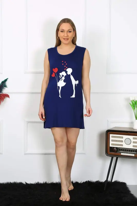 Women's Plus Size Thick Strapped Knit Knee Length Navy Blue Nightdress 12501 - 5