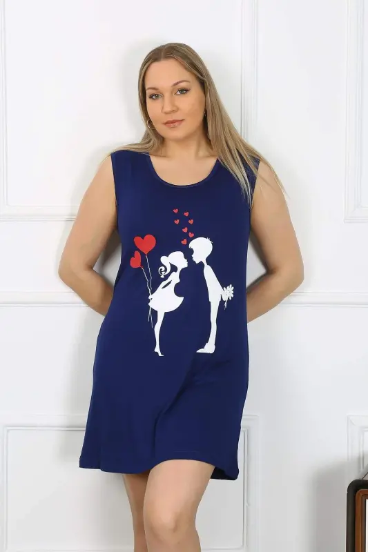 Women's Plus Size Thick Strapped Knit Knee Length Navy Blue Nightdress 12501 - BÜYÜKBEDENIZ