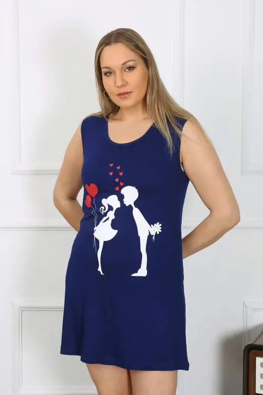 Women's Plus Size Thick Strapped Knit Knee Length Navy Blue Nightdress 12501 - 2