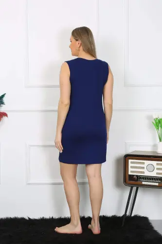 Women's Plus Size Thick Strapped Knit Knee Length Navy Blue Nightdress 12501 - 3