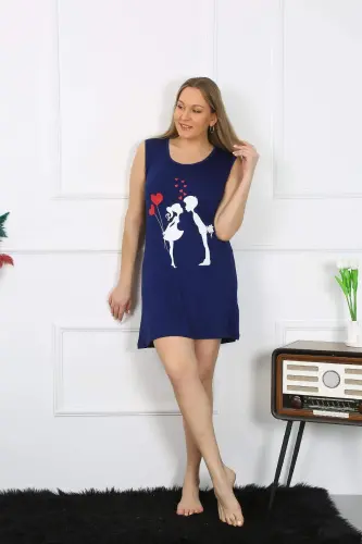 Women's Plus Size Thick Strapped Knit Knee Length Navy Blue Nightdress 12501 - 4