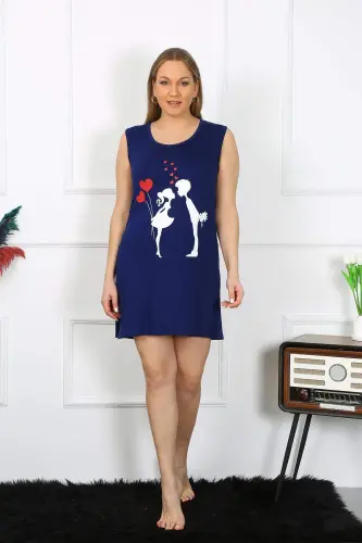 Women's Plus Size Thick Strapped Knit Knee Length Navy Blue Nightdress 12501 - 5