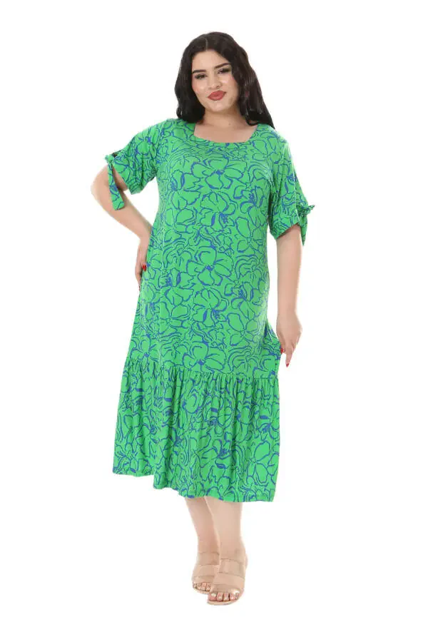 Women's Plus Size Tie-Up Sleeves Green Floral Print Dress - 1
