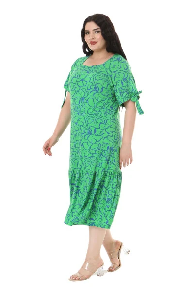 Women's Plus Size Tie-Up Sleeves Green Floral Print Dress - MELSAY (1)