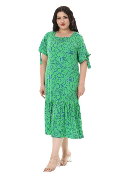 Women's Plus Size Tie-Up Sleeves Green Floral Print Dress - 3