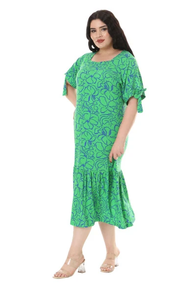 Women's Plus Size Tie-Up Sleeves Green Floral Print Dress - 4