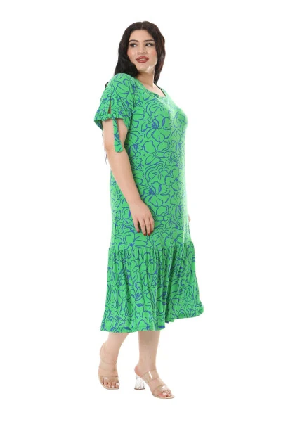 Women's Plus Size Tie-Up Sleeves Green Floral Print Dress - 5