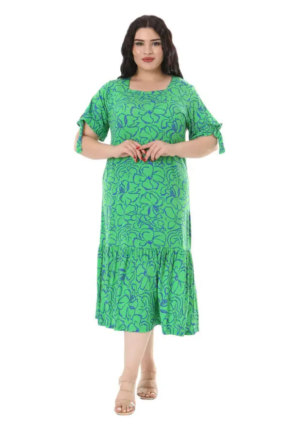 Women's Plus Size Tie-Up Sleeves Green Floral Print Dress - 6