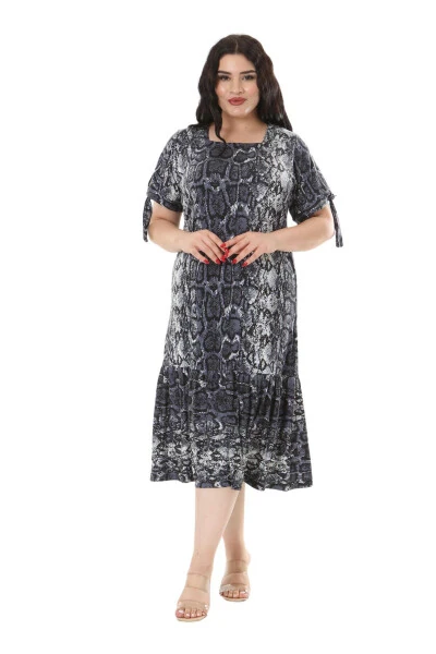 Women's Plus Size Tie-Up Sleeves Grey Snake Print Dress - MELSAY