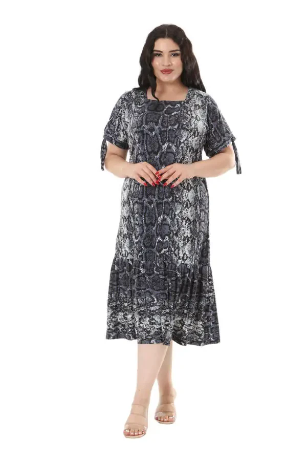 Women's Plus Size Tie-Up Sleeves Grey Snake Print Dress - 1