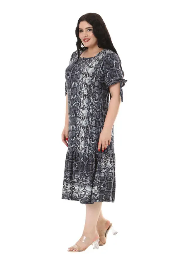 Women's Plus Size Tie-Up Sleeves Grey Snake Print Dress - 2