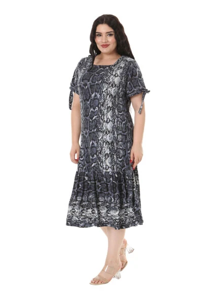 Women's Plus Size Tie-Up Sleeves Grey Snake Print Dress - 3