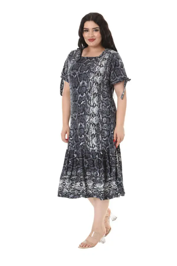 Women's Plus Size Tie-Up Sleeves Grey Snake Print Dress - 3