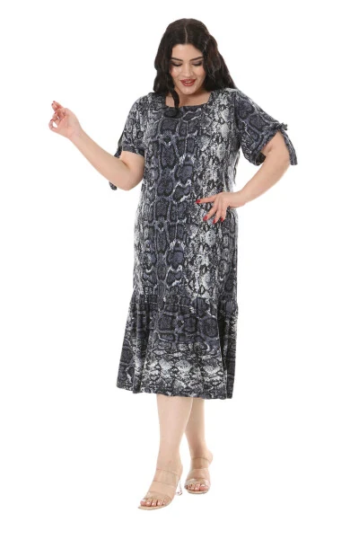 Women's Plus Size Tie-Up Sleeves Grey Snake Print Dress - 4