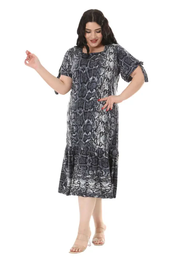 Women's Plus Size Tie-Up Sleeves Grey Snake Print Dress - 4